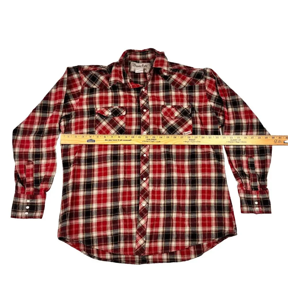 Wrangler Western Shirt Mens XL Red Plaid Flannel Pearl Snap Wrancher Cowboy Logo